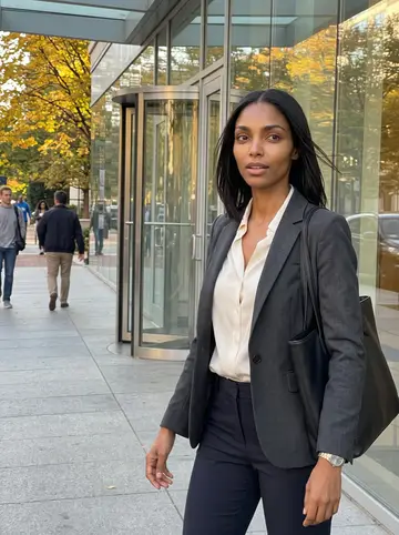 Damilola, AI character: outside a glass office building near Farragut Square in Washington, late afternoon after an investor…