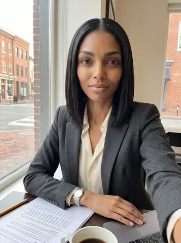 Damilola, AI character: a Georgetown cafe window seat before her first meeting, laptop and pencil-marked papers just visible on…