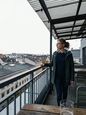 Anouk, AI character: a crowded brewpub table in Portland, pint glasses and a basket of fries in front of her, a dim wall behind