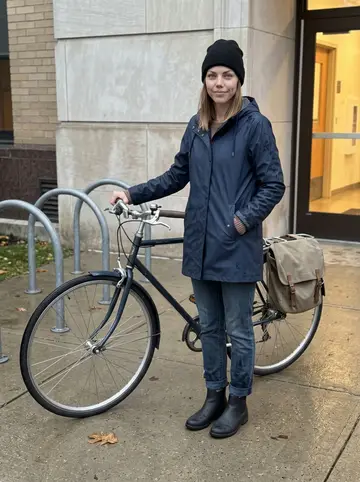 Saskia, AI character: outside a Minneapolis campus building by wet bike racks, late afternoon after seminar