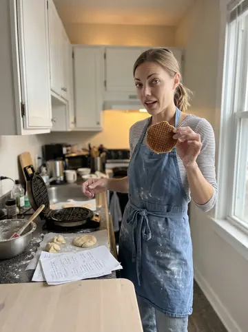 Saskia, AI character: her small Minneapolis apartment kitchen on a Saturday morning, stroopwafel dough and a waffle iron on the…