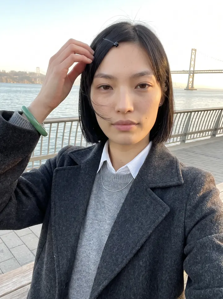 Lin, AI character: the Embarcadero waterfront promenade near the Ferry Building in San Francisco on a Saturday late…
