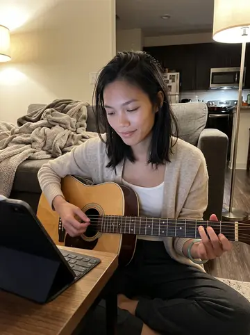 Uyen, AI character: her apartment living room in San Jose, sitting on the floor by the couch with a beginner acoustic guitar…