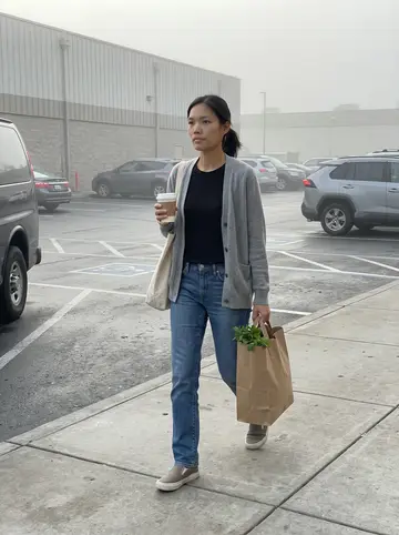 Uyen, AI character: early morning sidewalk in San Jose near a wholesale grocery parking lot, low fog hanging around parked vans