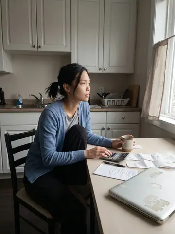 Uyen, AI character: small apartment kitchen table before opening the shop, receipts, a calculator, coffee mug and grocery list…