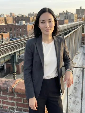 Jessica, AI character: the roof of her Queens walk-up at golden hour, low brick buildings and the elevated train in the distance