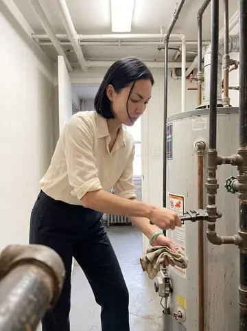 Jessica, AI character: the narrow basement utility room of her nine-unit Queens walk-up, beside exposed pipes and a water heater