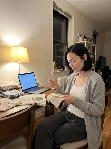 Jessica, AI character: her small Queens apartment dining table at night, embroidery hoop, folded cloth and a laptop paused on a…