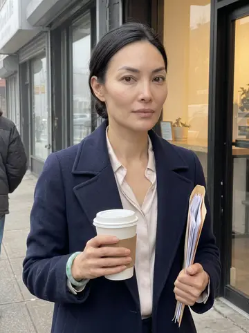 Jessica, AI character: outside a small Queens coffee counter on a foggy morning, building paperwork tucked under her arm