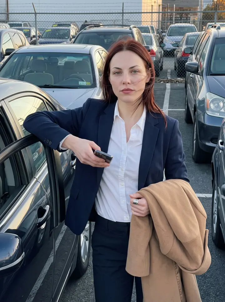 Lynsey, AI character: the edge of a Jersey City used-car lot just after sunrise, standing beside a clean dark sedan with rows of…
