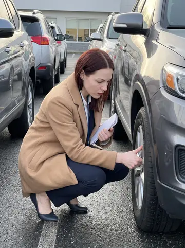 Lynsey, AI character: between two rows of used SUVs on the family dealership lot at 6 a