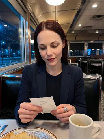Lynsey, AI character: a chrome Jersey diner booth late at night, a slice of pie and a mug of bad coffee on the table