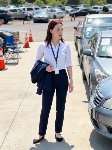 Lynsey, AI character: an outdoor regional car auction preview, standing near a line of tagged vehicles and folding chairs