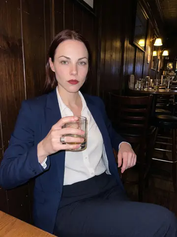 Lynsey, AI character: a narrow neighborhood bar in Jersey City after a dealership dinner, dark wood wall and crowded tables…