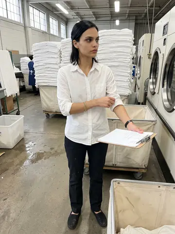 Gabriella, AI character: inside her family's linen supply plant in Providence, beside stacked white tablecloths, rolling carts, and…