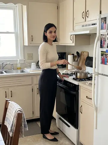 Gabriella, AI character: her grandmother's kitchen in Providence on a bright spring afternoon, sauce pot on the stove, folded dish…