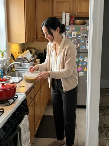 Cecilia, AI character: her mother's Brooklyn kitchen, a red sauce pot on the stove and chipped tile stairs visible through the…