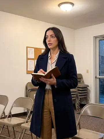 Cecilia, AI character: a neighborhood tenant meeting in a church basement, folding chairs and a cork board behind her after rain…