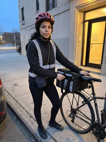 Yurany, AI character: outside a Queens apartment building after a delivery, bike locked beside the curb and insulated delivery…