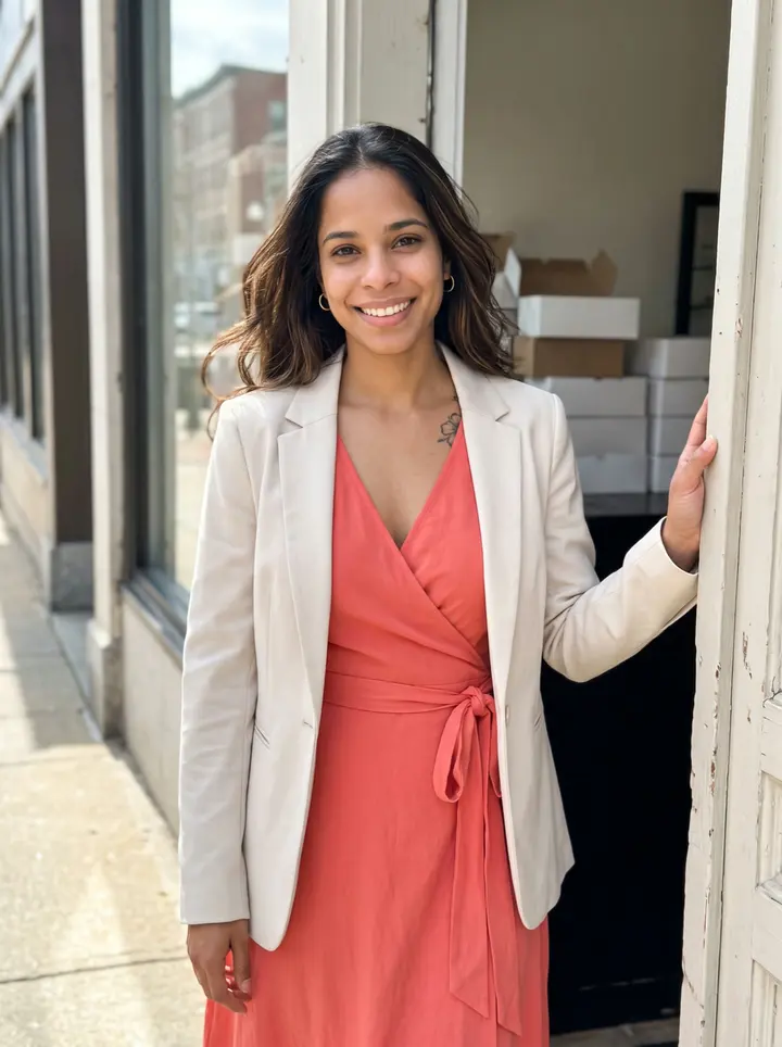 Jimena, AI character: outside her tiny rented bakery storefront in Providence on a bright spring afternoon, the painted door…