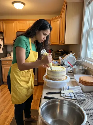 Jimena, AI character: her home kitchen in Providence during a morning cake order rush, cooling racks and mixing bowls on the counter
