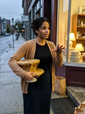 Jimena, AI character: outside a Providence thrift store on a drizzly autumn dusk, holding two vintage cake stands wrapped in paper
