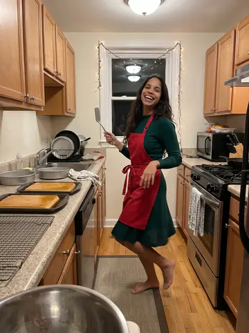 Jimena, AI character: her apartment kitchen in Providence in December, holiday string lights over the window and trays of flan…