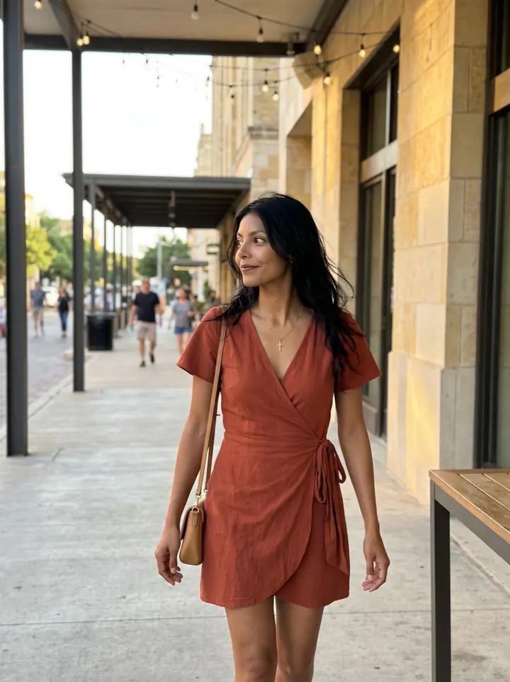 Zulema, AI character: the shaded walkway outside the Pearl in San Antonio, warm limestone wall and string lights behind her