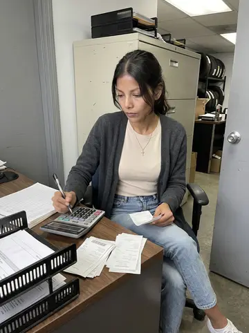 Zulema, AI character: the tiny office at her brother's tire shop on the south side of San Antonio, invoice trays and a desktop…