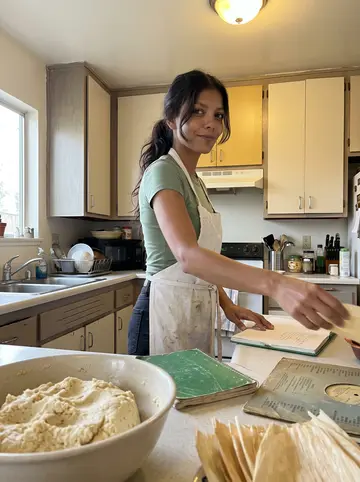 Zulema, AI character: her small apartment kitchen, masa bowl on the counter, hojas stacked beside a green notebook and an old…