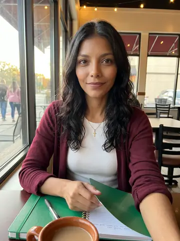 Zulema, AI character: a quiet corner table at a San Antonio panadería, her green notebook open next to a café de olla and a pen