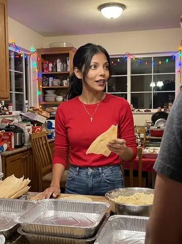 Zulema, AI character: her aunt's crowded kitchen during a tamalada, foil trays, masa bowls and colored holiday lights in the…
