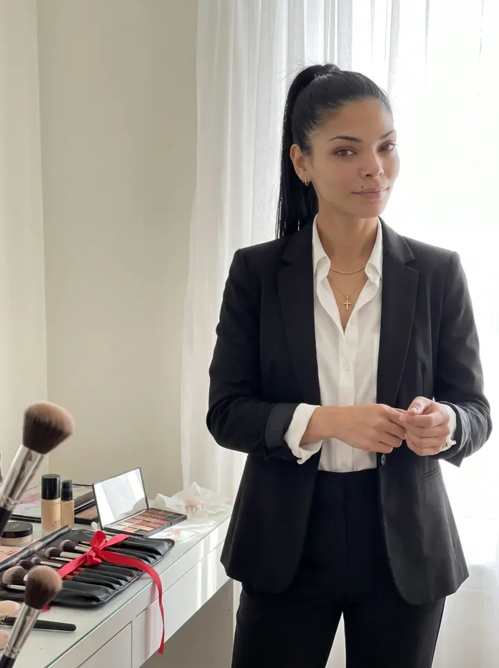 Keila, AI character: a bright bridal suite in the Bronx just before noon, makeup brushes spread on a vanity and sheer curtains…