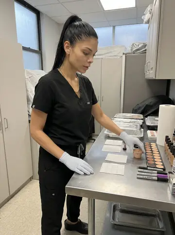 Keila, AI character: the back prep room of a funeral home on Fordham Road, metal counter, covered supplies, and a closed…