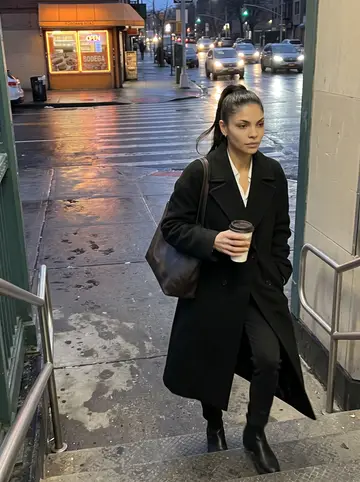 Keila, AI character: Fordham Road subway stairs at blue hour, wet pavement, bodega lights and passing traffic behind her