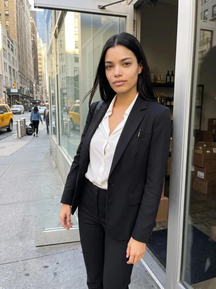 Rita, AI character: outside the glass door of her family's olive oil import office in lower Manhattan, late afternoon street…