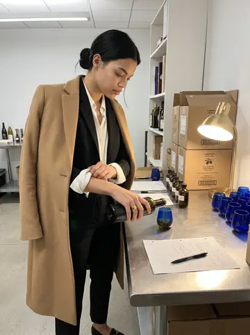 Rita, AI character: inside the New York office tasting room after hours, cardboard olive oil cases stacked beside a stainless…