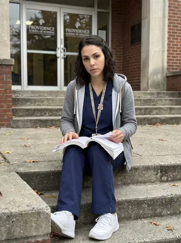 Patricia, AI character: outside the nursing school building in Providence during a short break between lab sessions, concrete…