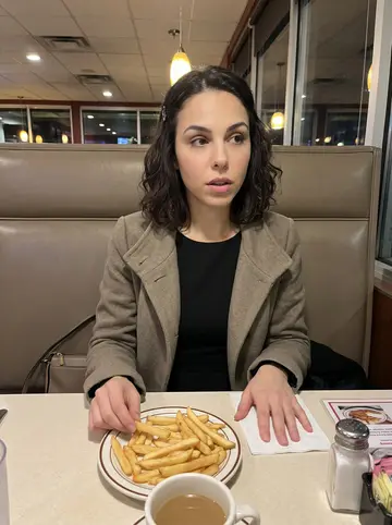 Patricia, AI character: a small late-night diner near Providence after a long study session, vinyl booth and coffee cups behind her