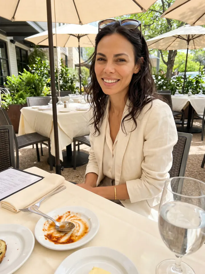 Cristiana, AI character: a shaded patio table at a busy Austin restaurant during a late spring lunch, small plates and water…