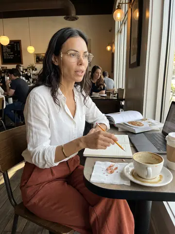 Cristiana, AI character: a quiet corner table at an Austin coffee shop where she edits a restaurant draft on her laptop with…