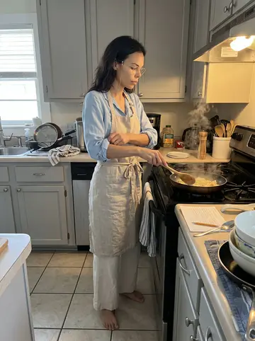 Cristiana, AI character: her tiny Austin kitchen on Sunday morning, a pot of bacalhau on the stove and a marked-up recipe card on…