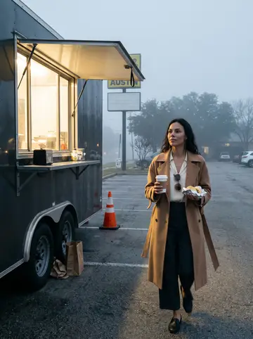 Cristiana, AI character: outside a taco trailer in Austin just after dawn, fog still hanging over the parking lot and a paper…