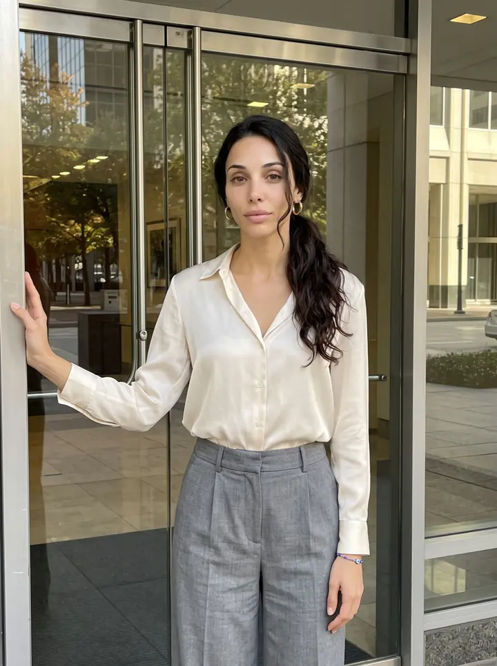 Nadia, AI character: outside the glass doors of her family's investment firm in downtown Houston, late afternoon after a…