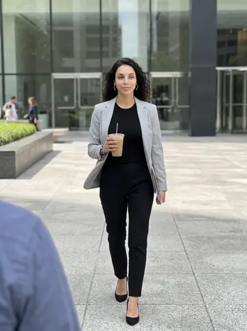 Nadia, AI character: the plaza outside a Houston office tower during a short break between lender calls