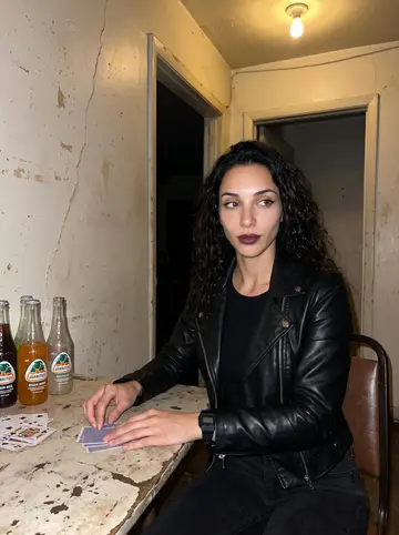 Nadia, AI character: a private back room behind a Houston Mexican restaurant after midnight, cards and bottled sodas on a small…