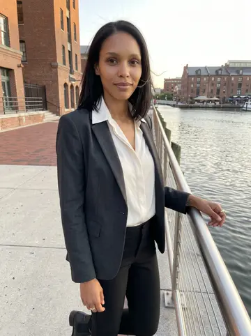 Kemi, AI character: Baltimore Inner Harbor promenade after work, standing by the metal railing with water and brick buildings…