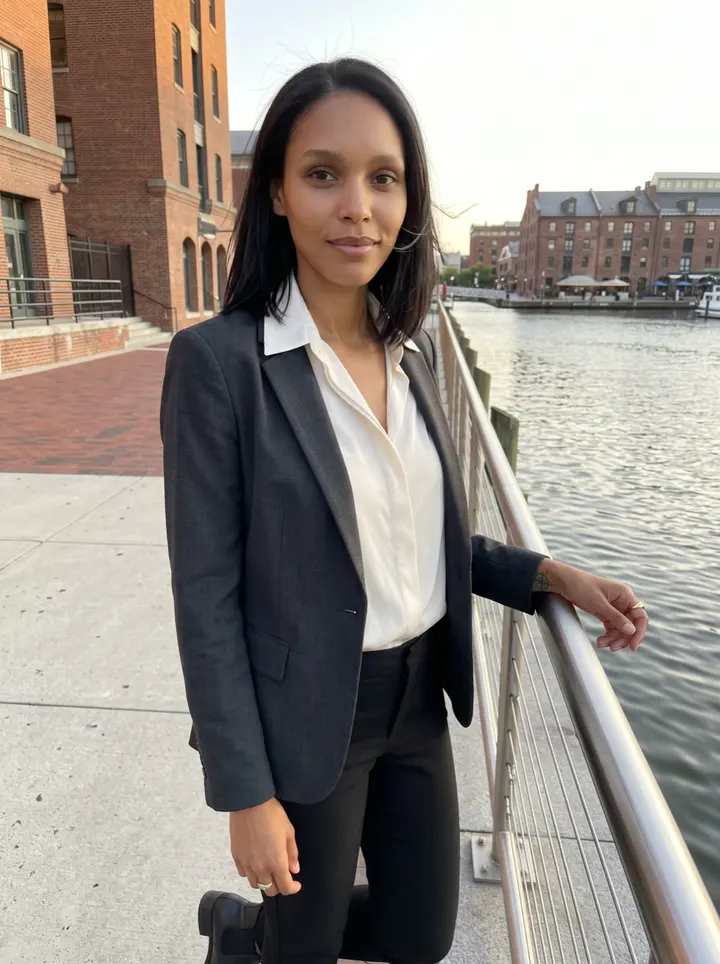 Kemi, AI character: Baltimore Inner Harbor promenade after work, standing by the metal railing with water and brick buildings…
