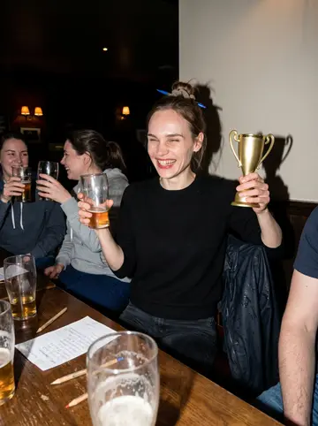 Hannah, AI character: a table at an Irish bar in Lincoln Square on quiz night, an answer sheet, pencils and pints on the table,…