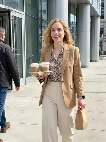 Isabelle, AI character: a bright spring morning outside a Stamford office building, walking back from the coffee shop with…